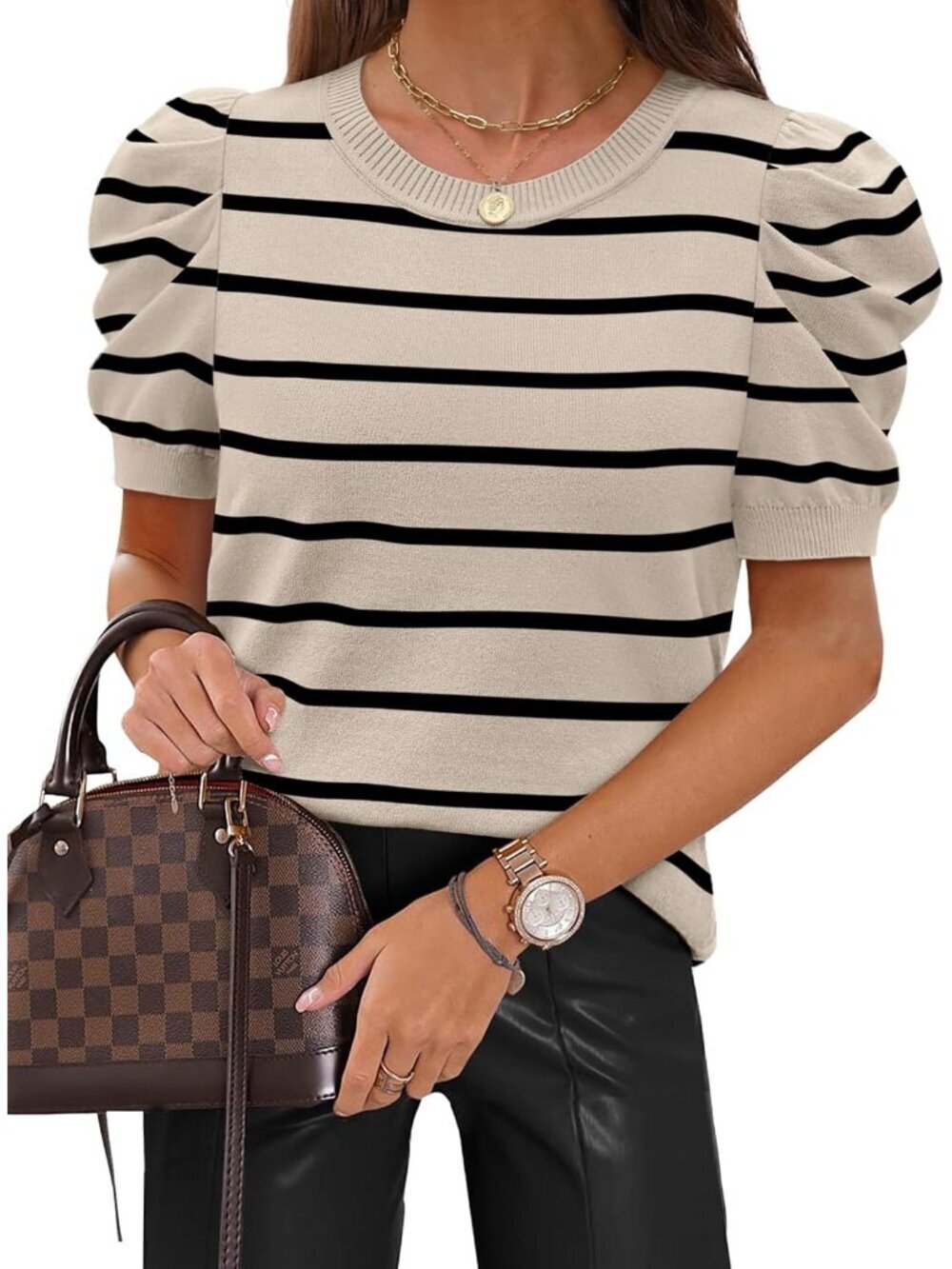 Short Puff Sleeve Sweaters for Women Knit Tops 2026 Trendy Crewneck Striped T Sh